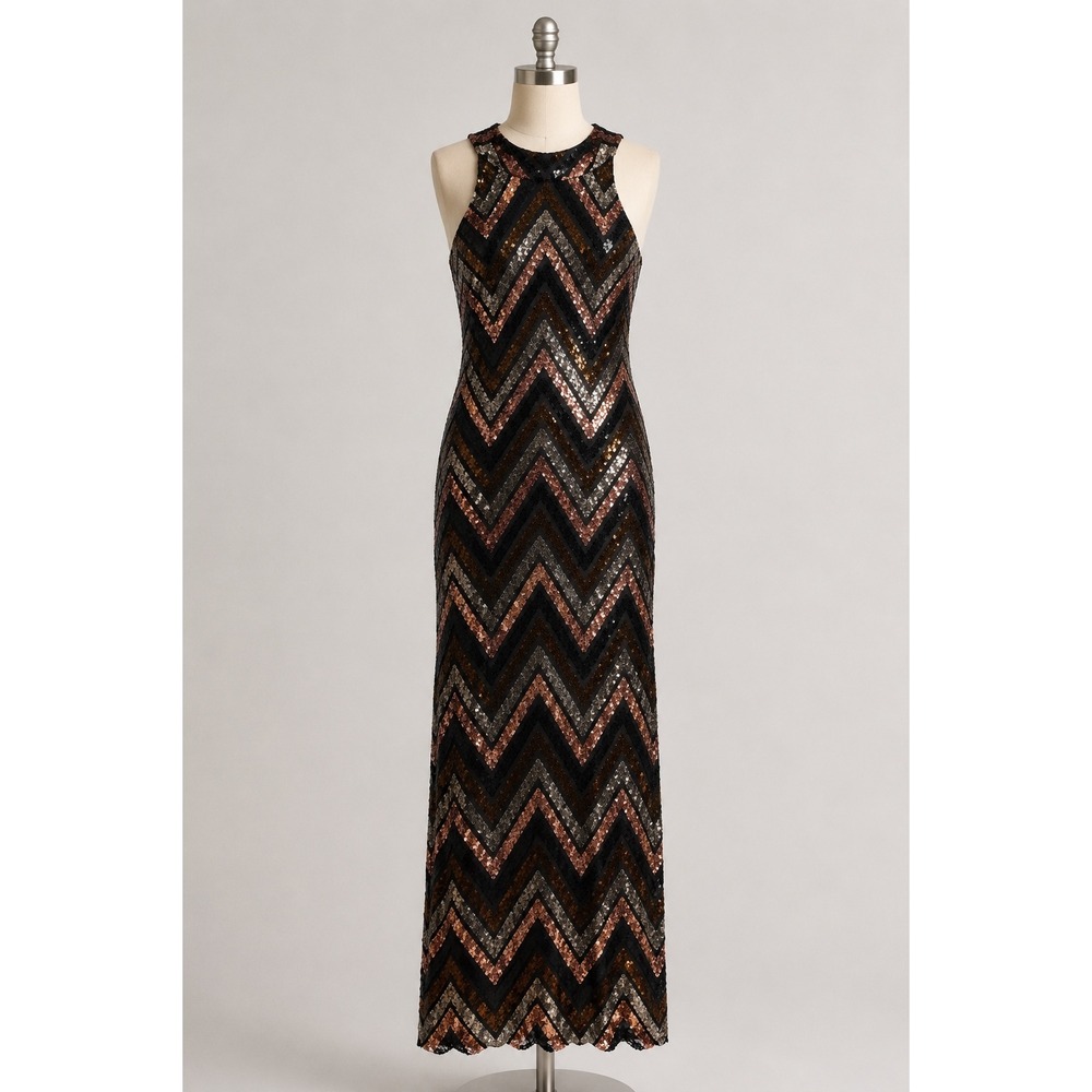 NWT Premier Amour Sequin Chevron Maxi Dress Black‎ Rose Gold Formal Gown